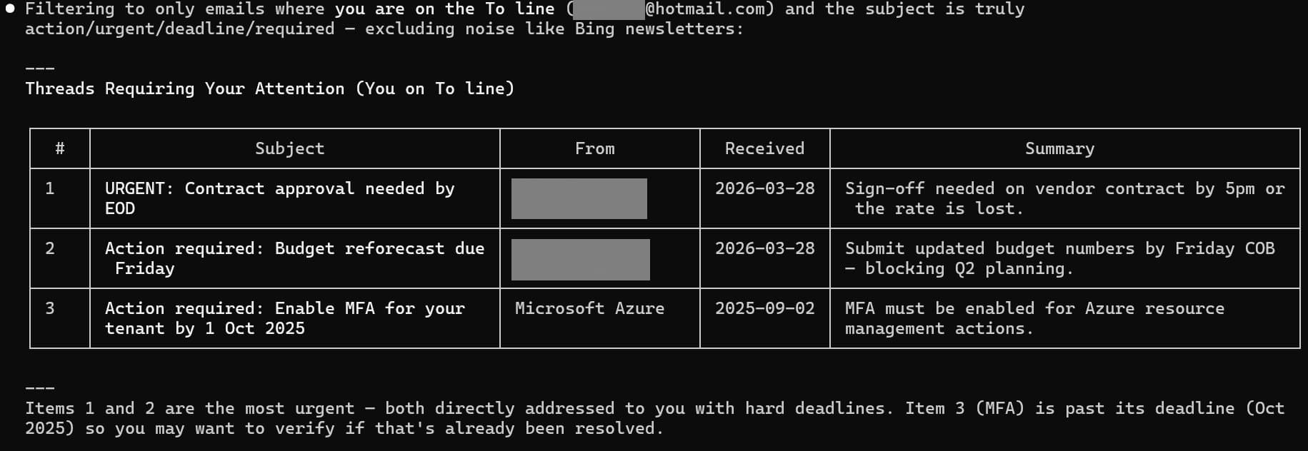 Email triage agent outcome — prioritized inbox briefing results